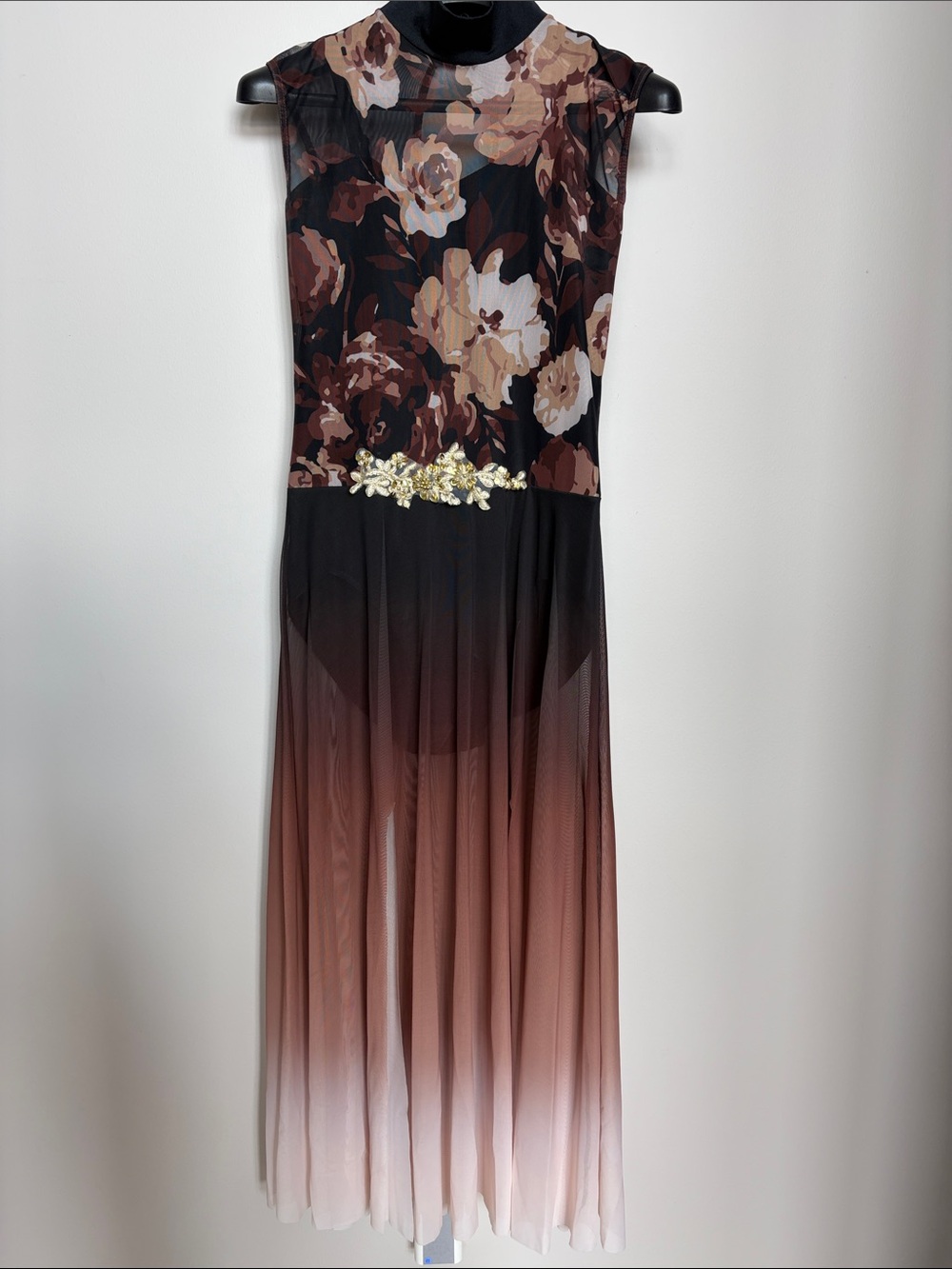 Weissman Brown and Cream Floral Ombre Maxi Dress with Embellished Waist